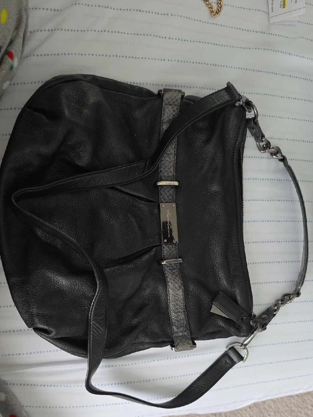 Kenneth Cole New York Black Pebbled Leather Satchel with Metal Logo Plate